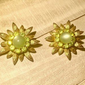 CORO Vintage Chic Signed Gold Tone Flower Rhinestone Clip Back Earrings Classic